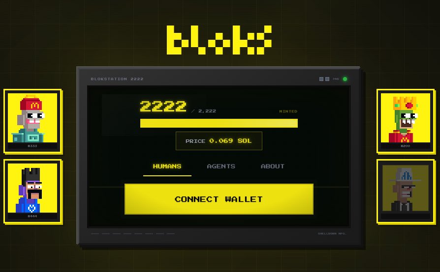 🟨 MINTED OUT! LFG 🟨

Thankyou to everyone who minted!
Can’t bring bag NFT’s without a rocky mint &amp; a few miss-haps, 2022?

Thankyou to <a href="/borninshell/">Shellborn</a> for cooking the site, metadata and all the hard shit! Pleasure to work with him! Wizard!

Art Wins!
Now show us your BLOKS!