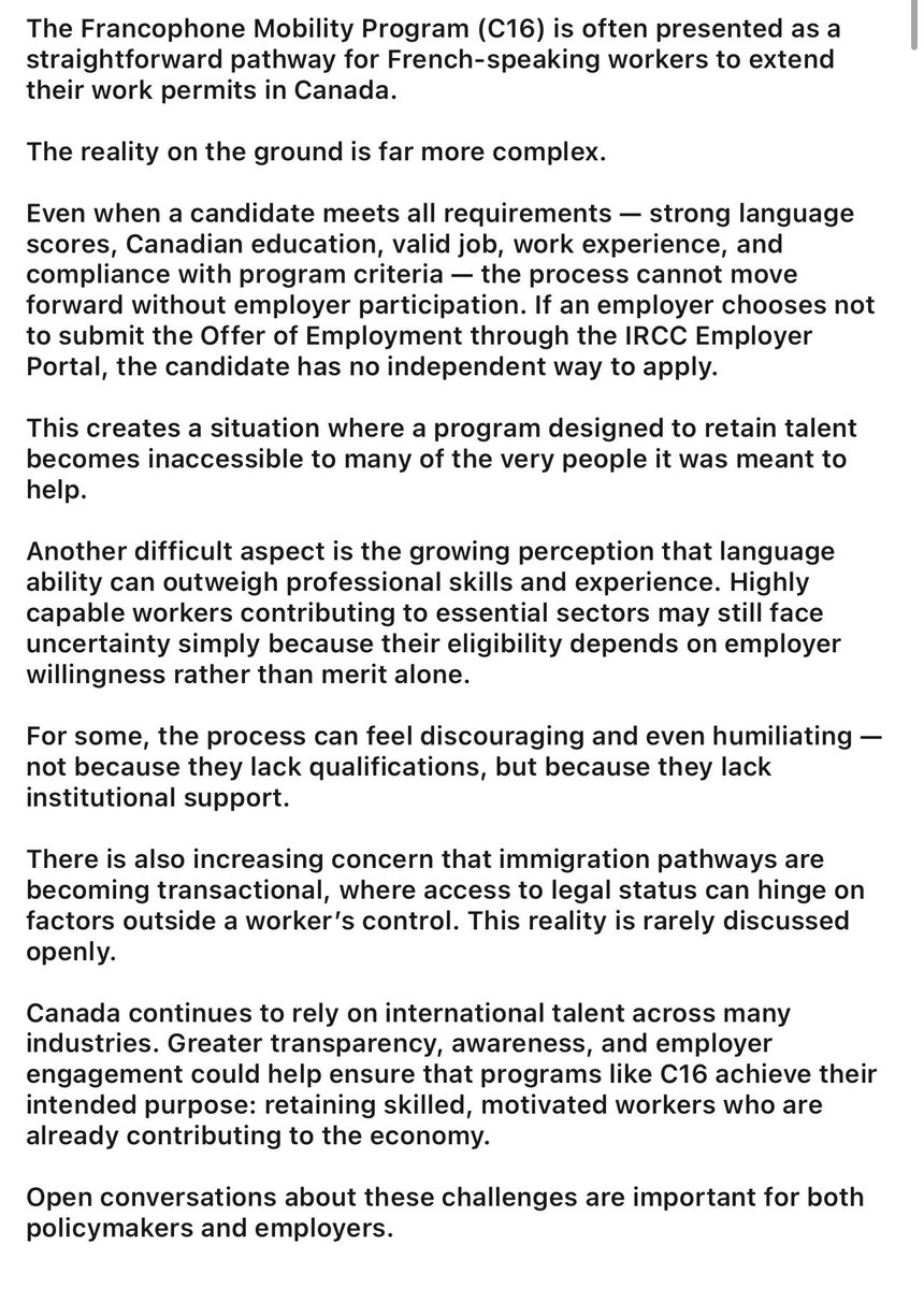 The Francophone Mobility Program (C16) is often presented as a straightforward pathway for French-speaking workers to extend their work permits in Canada.

<a href="/CitImmCanada/">IRCC</a> 

#ImmigrationCanada
#TemporaryWorkers
#WorkPermitCanada
#ForeignWorkers
#LifeInCanada
#CanadianWorkforce