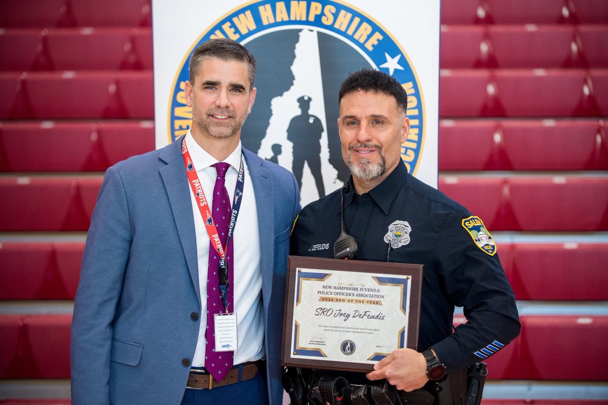 SSDMEDIA's tweet photo. Woodbury School Resource Officer Joey Defeudis (Officer Joey) named 2026 NH SRO of the year! Congrats Officer Joey! Watch the presentation here. https://t.co/KElFY0IzzV
#SalemPride https://t.co/aLA9Xrg4I7
