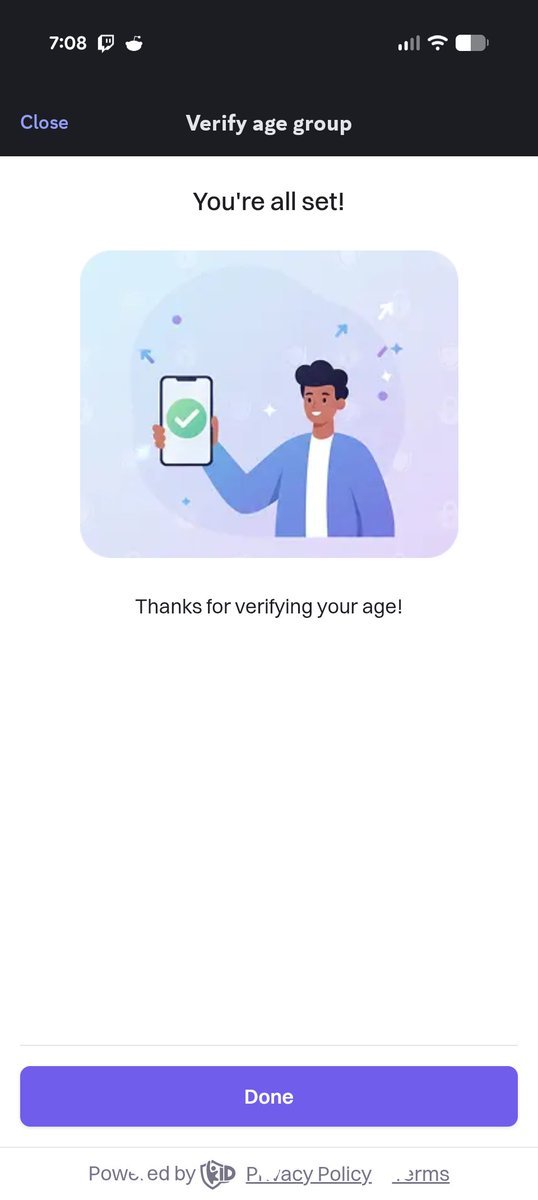 Auspetrolhead's tweet photo. Anyone get stuck on this screen when verfiying age on #Discord? Done button doesnt seem to do fuck all?? Fuck verification shit. Youd think if you're moderating voice channels you could pick up my voice that I dont sound like im under 18. 🖕 https://t.co/1LsGLrLgKs