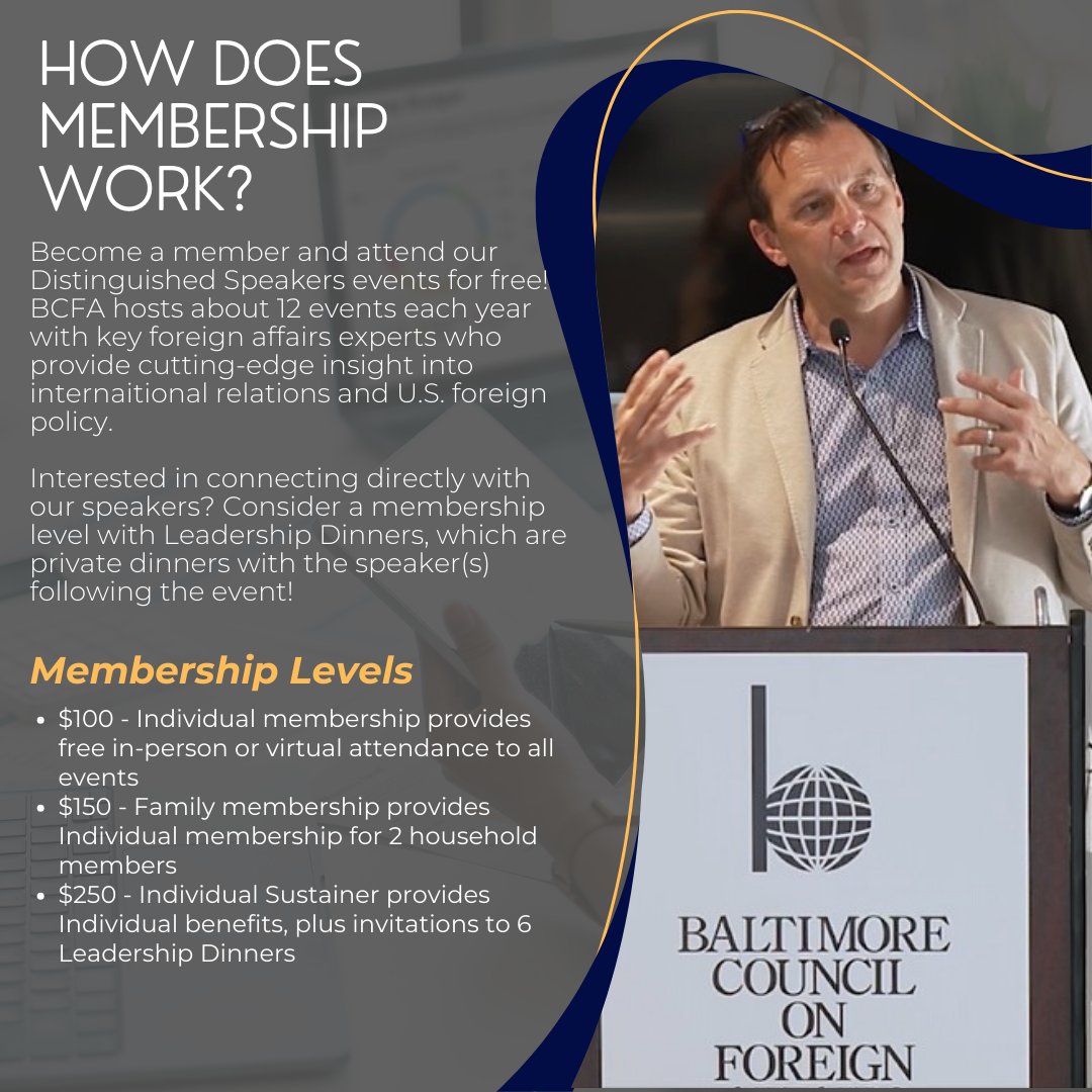 What is the Baltimore Council on Foreign Affairs? BCFA provides opportunities for the public to engage directly with foreign policy experts. Become a member today and attend our next event!

Learn more at bcfausa.org