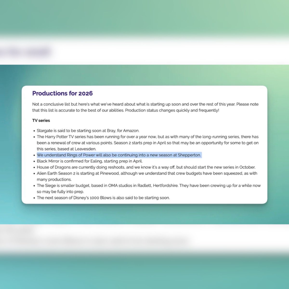 BREAKING 🚨: “The Rings of Power” Season 4 Slated to Shoot in 2026 at Shepperton Studios 🎥 ⬇️

According to the 2026 Filmbase Industry Update, production on a new season of “The Lord of the Rings: The Rings of Power” is expected to continue at Shepperton Studios in the UK later