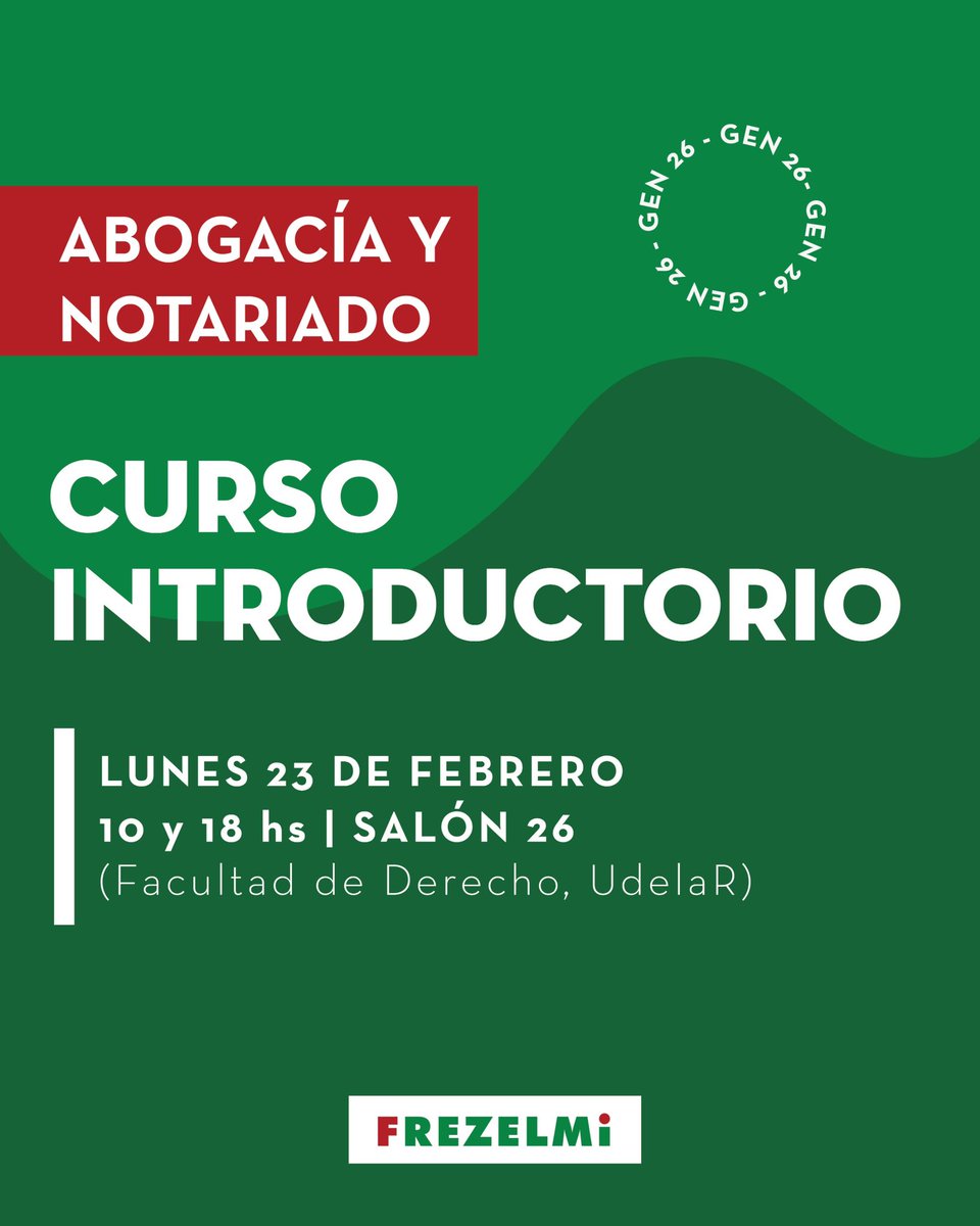 FREZELMI88's tweet photo. CURSOS INTRODUCTORIOS ABOGACÍA - NOTARIADO ⚖️⚖️

🗓️Lunes 23 de febrero

🕢 10 y 18hs (podés elegir en que horario)

📍Salón 26, Facultad de Derecho, UdelaR

Nos estarán acompañando egresados/as, docentes y compañeros/as de la carrera. 

¡No te pierdas la oportunidad de conocer la Facultad!

FREZELMI te da una mano 🖐️❤️💚