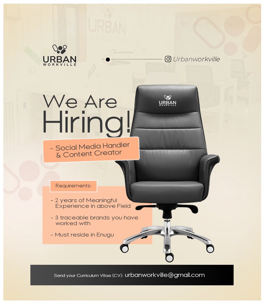 UrbanWorkVille's tweet photo. Are you creative, strategic, and passionate about social media? We’re looking for a talented Social Media Manager to join our team!
#hiring #nowhiring #jobopening #careeropportunity #joinourteam #enugucreatives #socialmediamanager #socialmediajobs #contentcreator #contentmanager https://t.co/3HqMwPsW4O