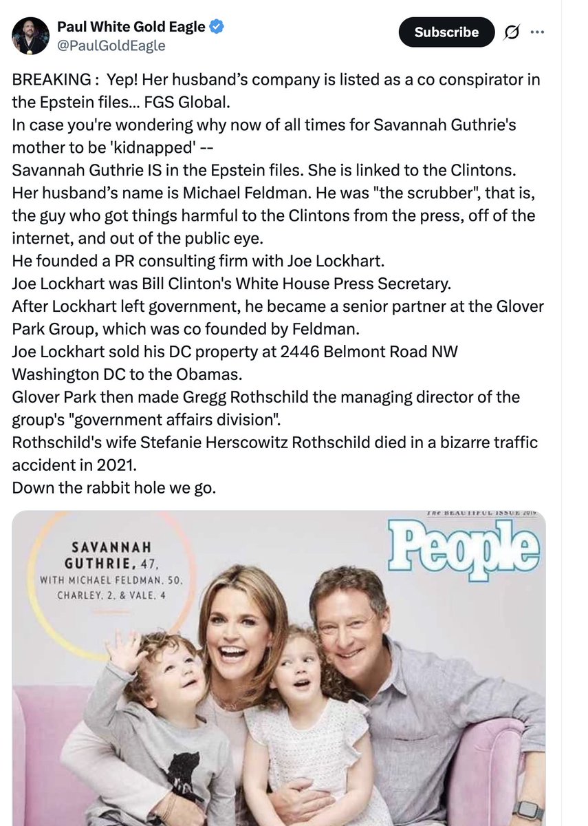 <a href="/RealAlexJones/">Alex Jones</a> Savannah Guthrie and her husband Michael Feldman are part of the...   

Satanic Pedo Cult

x.com/AcquisitionGee…