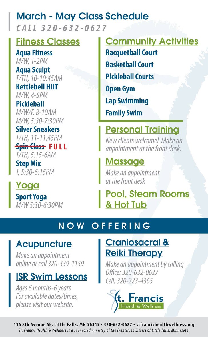 cdcmorrisonmn's tweet image. There is still time to sign up for #classes at #StFrancisHealth &amp;amp; Wellness Center in #LittleFallsMN!
Strength training, cardio, HIIT, or yoga, they’ve got something for every level, beginning 𝗠𝗮𝗿 𝟭. Sign up in the office, 116 8th Ave SE, or call 320-632-0627.
#MorrisonCounty