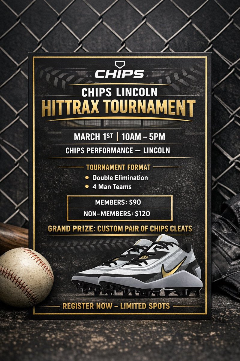 PHXST3's tweet photo. ‼️ Calling All HS Hitters ‼️

Win a pair of custom Nike cleats 🏆

How : CHIPS HS Hittrax Tourney 💣
When : March 1st  10am-5pm 📆 
Details : Teams of 4 *HS Players Only*
Double Elimination Tournament

Show up and put on a show! 📈⚡️

REGISTER HERE:
https://t.co/kIOW4qiFiV https://t.co/LIUVB8Hb9k