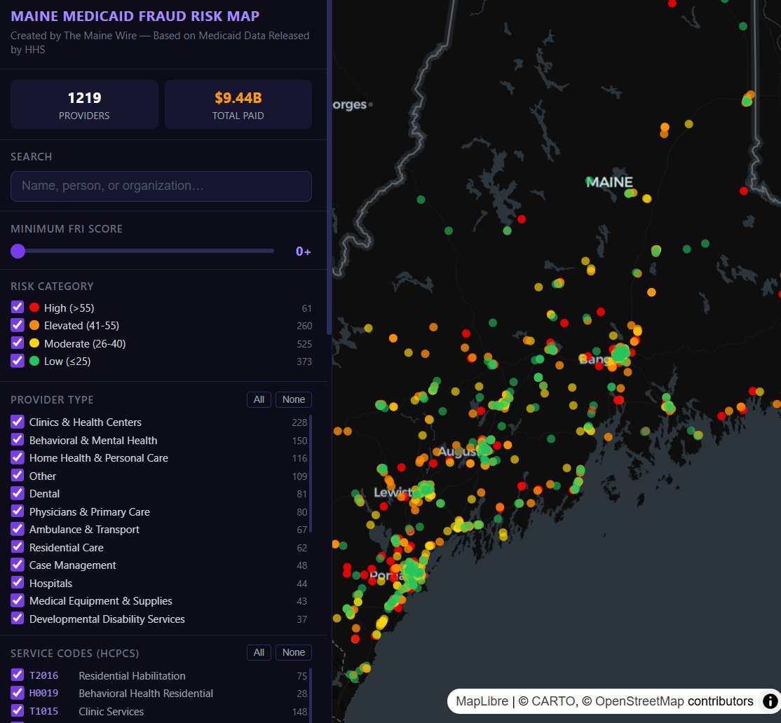 MaineCare Fraud Risk Map: Explore New Data on Medicaid Claims for Maine Providers

View the interactable map here:
themainewire.com/2026/02/mainec…