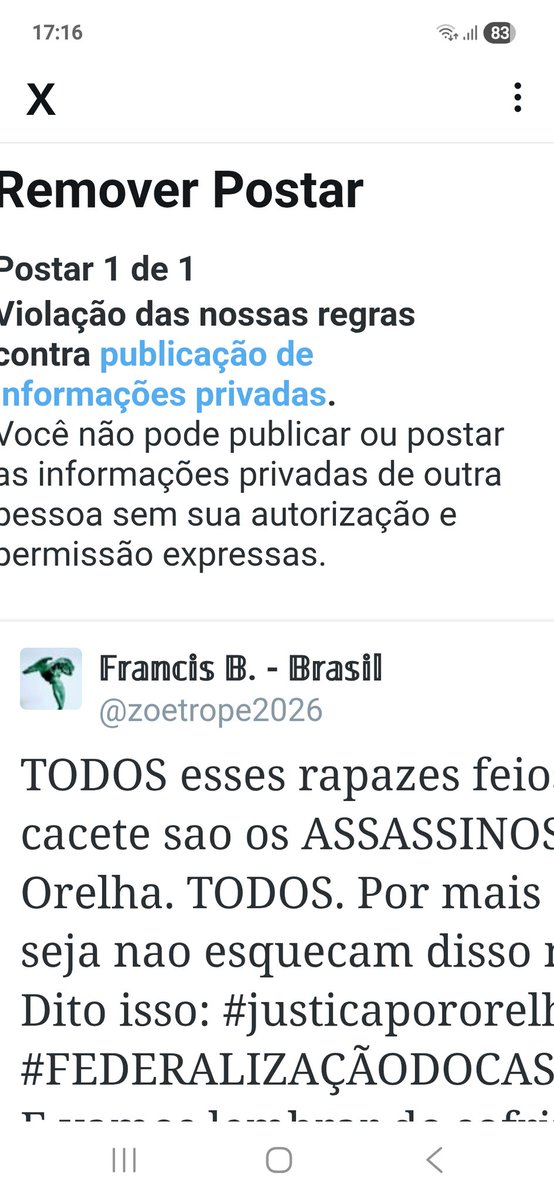 O X bloqueou minha conta por causa dos assassinos do Orelha. Que país é esse que querer justica virou crime hein? 

#JusticaParaOrelha 
#ORELHAFEDERALIZA