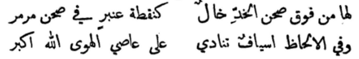 upon her fair cheek there rests a mole above, like a dark drop of amber set upon polished marble.

and in her glances are swords that cry out
against the rebel of love: “God is Greatest!”

— ibn al-rūmī
