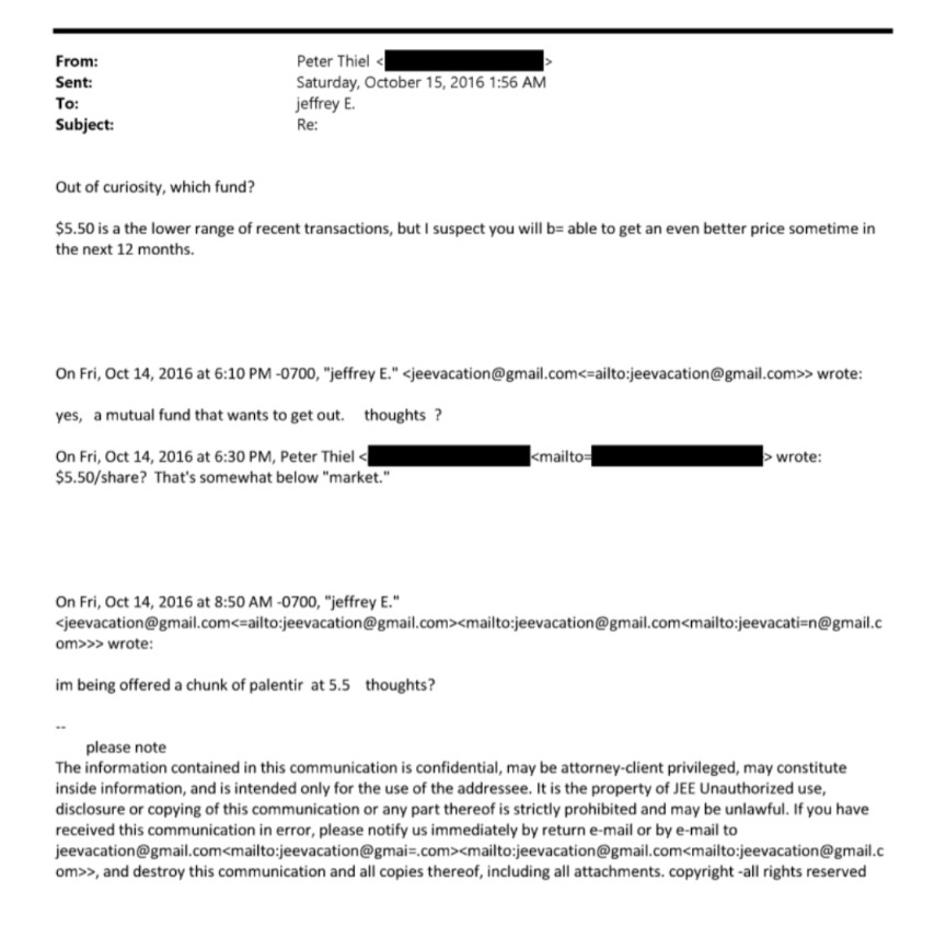 Insider trading? 🤔

Peter Thiel giving advice to Epstein on buying Palantir stock