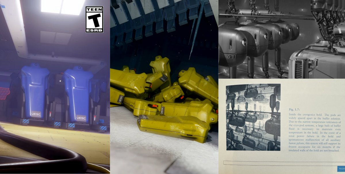 Marzac023D's tweet image. I like to collect ref sheets for art ideas pretty early on. This one I'm really keen to explore.

While Cryo Pods aren't anything new in Sci-Fi. Both of the ships carrying them here have been struck by the connecting thread of tragedy. 

#marathon (left) #homeworld (right)