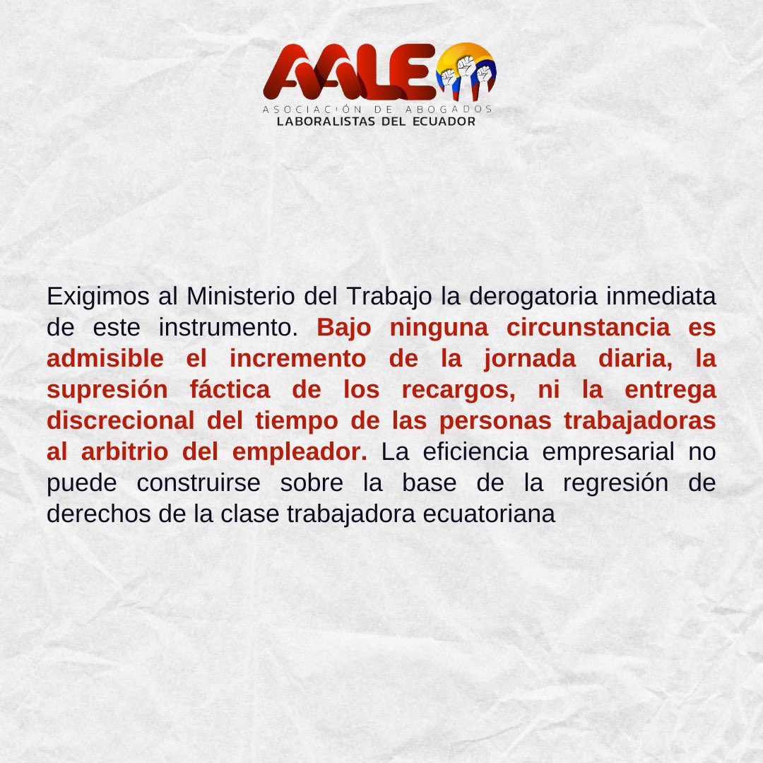 🚨Grave golpe a la jornada laboral ordinaria de 8 horas diarias

El Ministerio del Trabajo emitió ayer un acuerdo ministerial que permite trabajar hasta 12 horas al día, sin recargos; y, trae el banco de horas de Milei

Más dinero para los empresarios y más trabajo sin recargo.