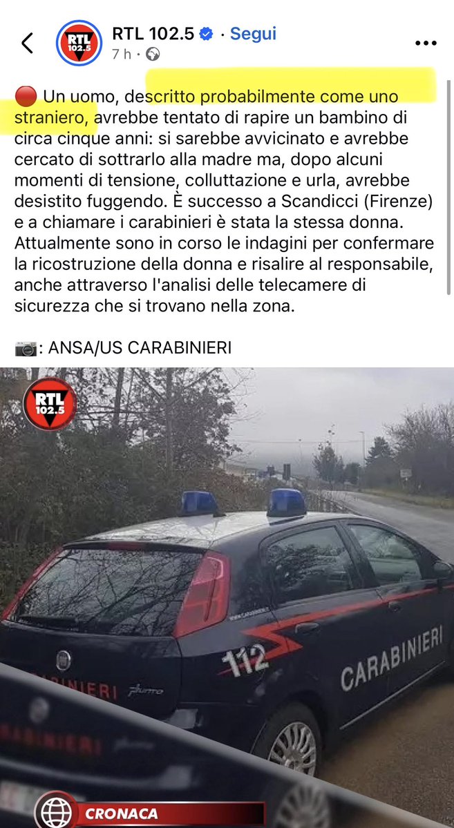 Quarto tentativo di rapimento di un bambino perpetrato da uno straniero in pochi giorni: questa volta, è successo a Scandicci ai danni di un bimbo di 5 anni.

👉 il 17 febbraio, a Caivano, un 45enne ghanese con precedenti ha cercato di rapire un bimbo di 5 anni all’uscita di un