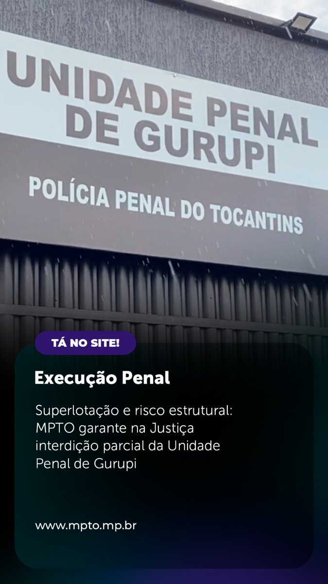 MPETocantins's tweet image. ☝️ Superlotação e risco estrutural: MPTO garante na Justiça interdição parcial da Unidade Penal de Gurupi.

🖥️ x.gd/G0Oni

👉 Seus direitos foram desrespeitados?
📞 Ligue 127.

#MPTO #MPTOAtuante #Tocantins #Gurupi