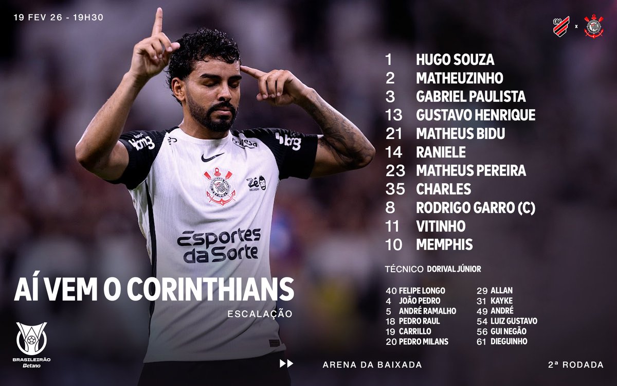Corinthians's tweet photo. O Timão está escalado para a noite de Brasileirão! 📋

📺 Premiere; Record; Cazé TV

#ATHxSCCP
#VaiCorinthians https://t.co/aYSTABAQiK
