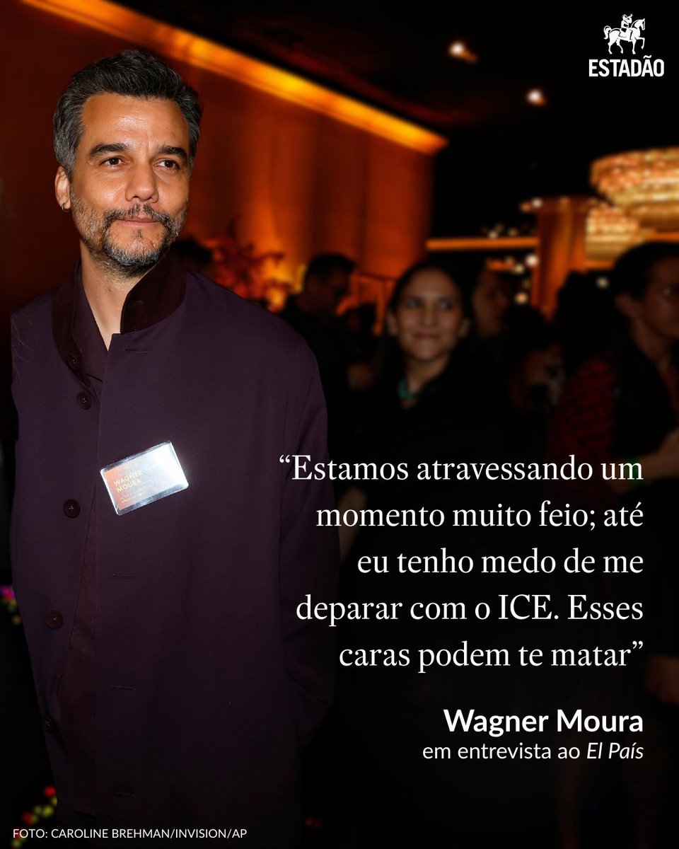 Estadao's tweet photo. Wagner Moura faz desabafo sobre o ICE: ‘Até eu tenho medo de encontrá-los. Eles podem te matar’ 🔗 https://t.co/Jt8pTUV2Bg

Protagonista de ‘O Agente Secreto’ compara governo de Jair Bolsonaro ao governo de Donald Trump. https://t.co/BzFnZxd92S