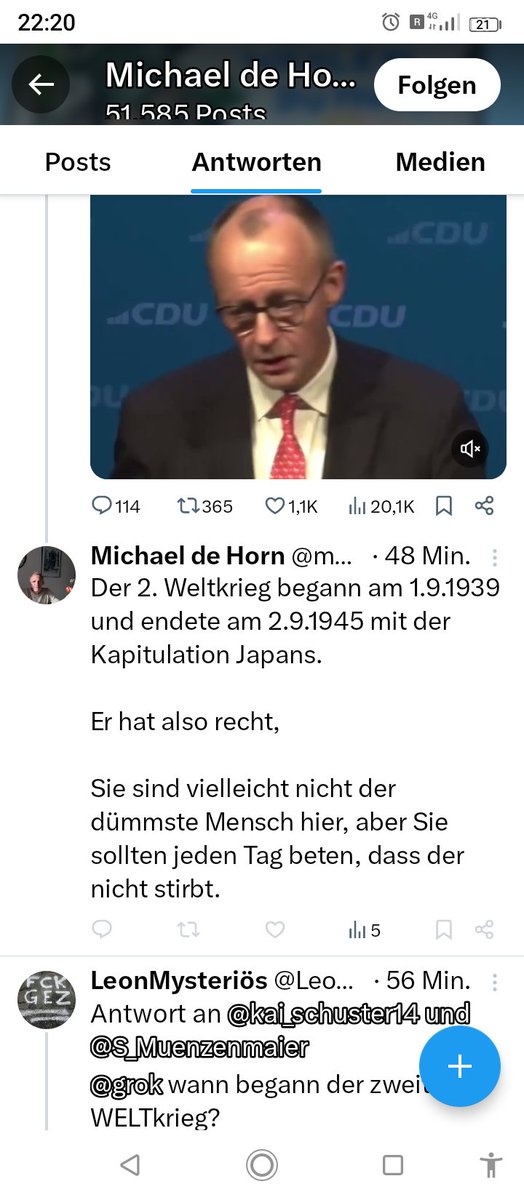Entweder ist der linksextreme Schwachkopf total besoffen, oder geistig degeneriert...Merz sagt,der 2.Weltkrieg dauert 4 Jahre..🤣🤣,dann schreibt er wie lange er gedauert hat, und sagt,Merz hat recht!So dumm kann keiner sein, das muss man wollen! <a href="/mdehorn66/">Michael de Horn</a> 🤣🤣🤣🤣🤣💯