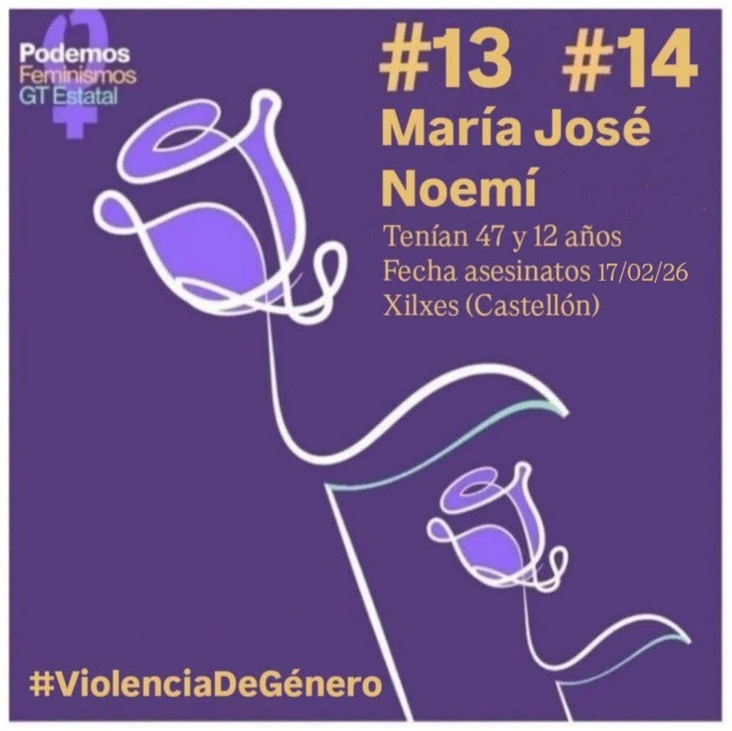 🗞️ short.do/gIICw1
#Feminicidio
⚫ Un hombre ha asesinado a su mujer María José de 47 años y a su hija Noemí de 12, el 17/02/26 en Xilxes (Castellón)
#NiUnaMenos
#VivasNosQueremos
