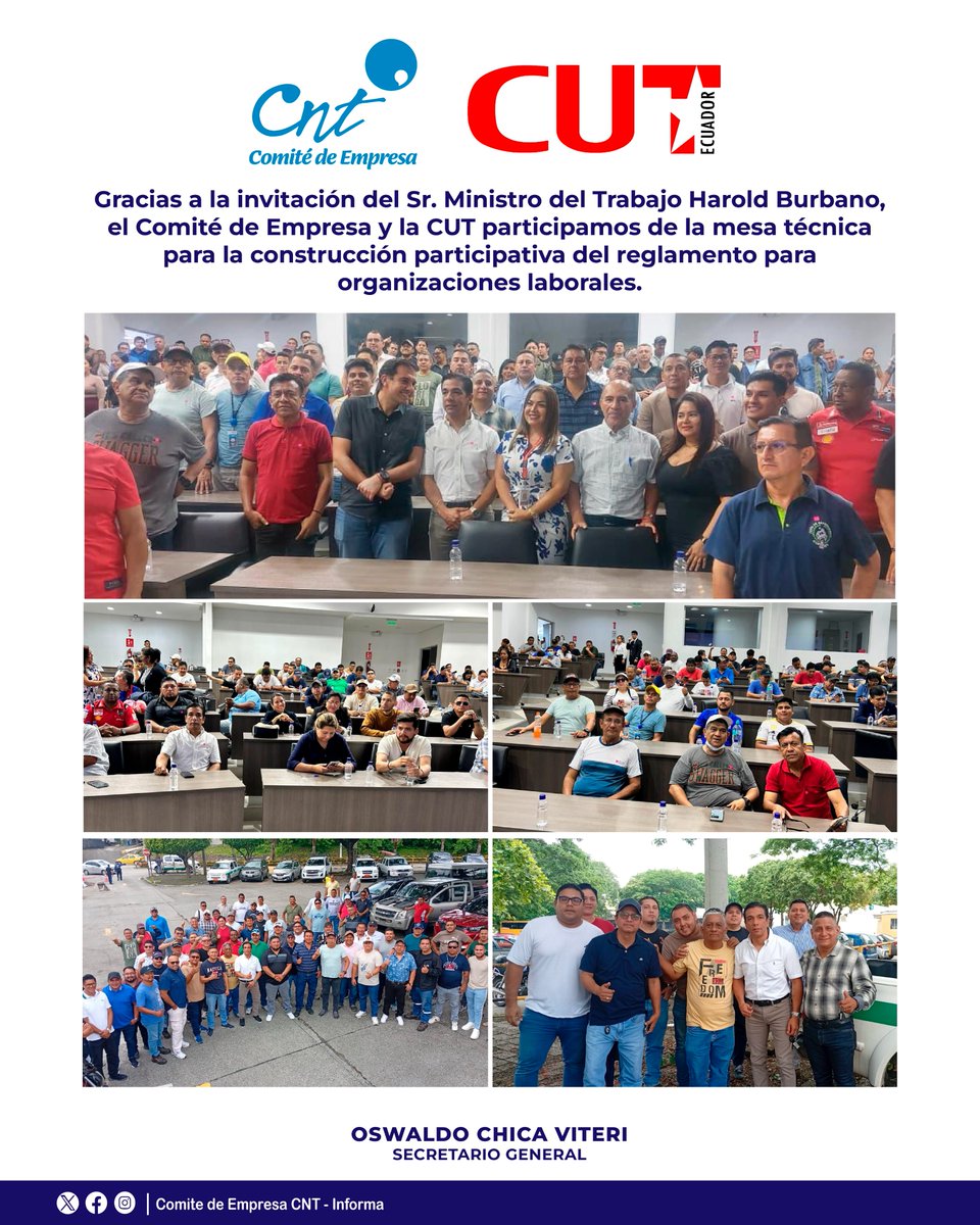 Gracias Sr. Ministro <a href="/haburbano/">Harold Burbano</a> por la invitación a participar de la Mesa Técnica.
Junto con la <a href="/CUToficial_ec/">Central Unitaria de Trabajadores del Ecuador CUT</a>  reafirmamos nuestro compromiso de fortalecer a las organizaciones laborales y defender el trabajo digno.
#CUT #FortalecimientoSindical #DerechosLaborales