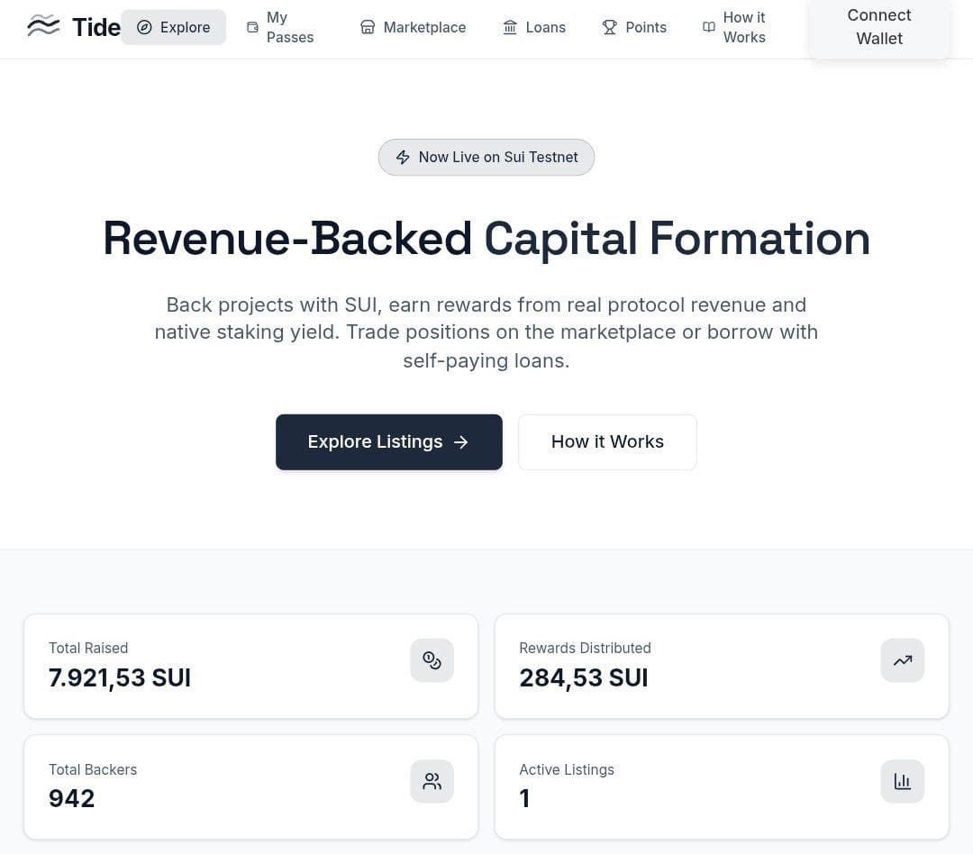 🚨 Tide Incentive Testnet Guide 
Rewards: Confirmed 

✓Quick intro
<a href="/tidedotam/">Tide</a> lets you back projects with $SUI, earn real revenue shares + staking yields, trade SupporterPass NFTs, and even take self-repaying loans. 

•How to get started 
 Visit 🔗: tide.am/r/TIDE-37F0AFB…