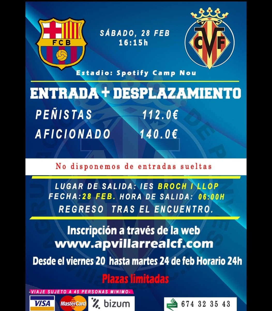 ⚽ ⚽ 💛 💛
 Ja pots apuntar-te al viatge al Camp Nou pel partit FC Barcelona - Villarreal CF.
Endavant !!!