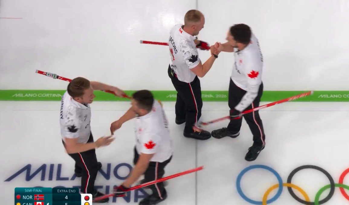 CANADA 🇨🇦🥌 FOR THE WIN

THE CANADIAN CURLING MEN ARE GOING FOR GOLD

Brad Jacobs. Marc Kennedy. Brett Gallant. Ben Hebert. Defeat Norway in an extra end and play Great Britain for Olympic curling glory on Saturday at 1pm ET