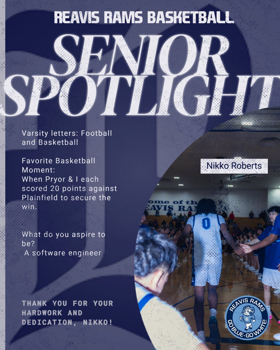 ReavisBoysBB's tweet photo. Thank you to our first three seniors for their hard work, sacrifice, and dedication to Reavis Basketball!
Good luck in the future to these six incredible young men!
#OnceARamAlwaysARam
#ThankYouSeniors
#Pride #Dynamic #Accountability
#GoBlue #GoWhite #GoRamsGo https://t.co/YaNSrr1F3o