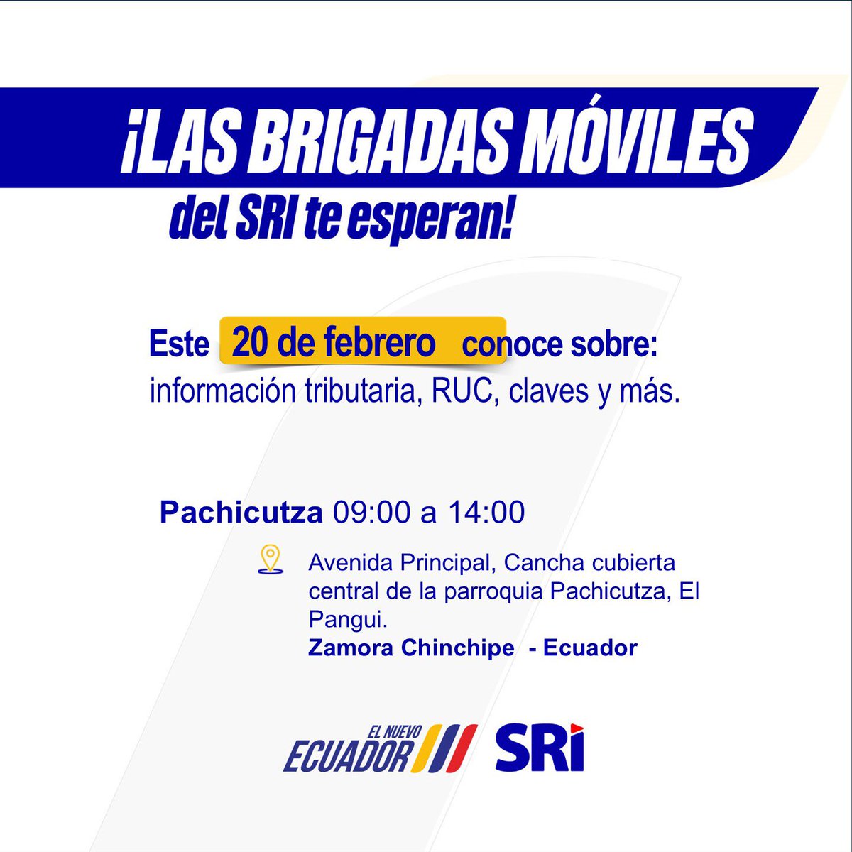 #SRIZonal7

¡Llevamos los servicios del SRI directamente a tu comunidad! 🚐💨

La #BrigadaMóvilTributaria llega a la parroquia Pachicutza (#ElPangui) para brindarte asistencia tributaria gratuita.

✅ Trámites, consultas e información sin salir de tu sector. 

¡Te esperamos!