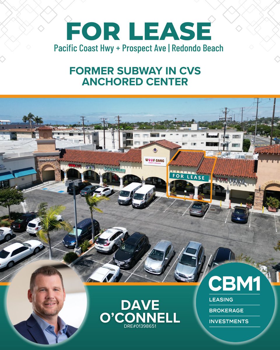 🏪 FOR LEASE | ±1,510 SF Retail Space
📍 1880-1888 S PCH, Redondo Beach, CA
🏆 CVS, Corner Bakery &amp; Round Table Pizza co-tenants
🚗 53,610 cars/day
#ForLease #RedondoBeach #PCH #CRE 🔑