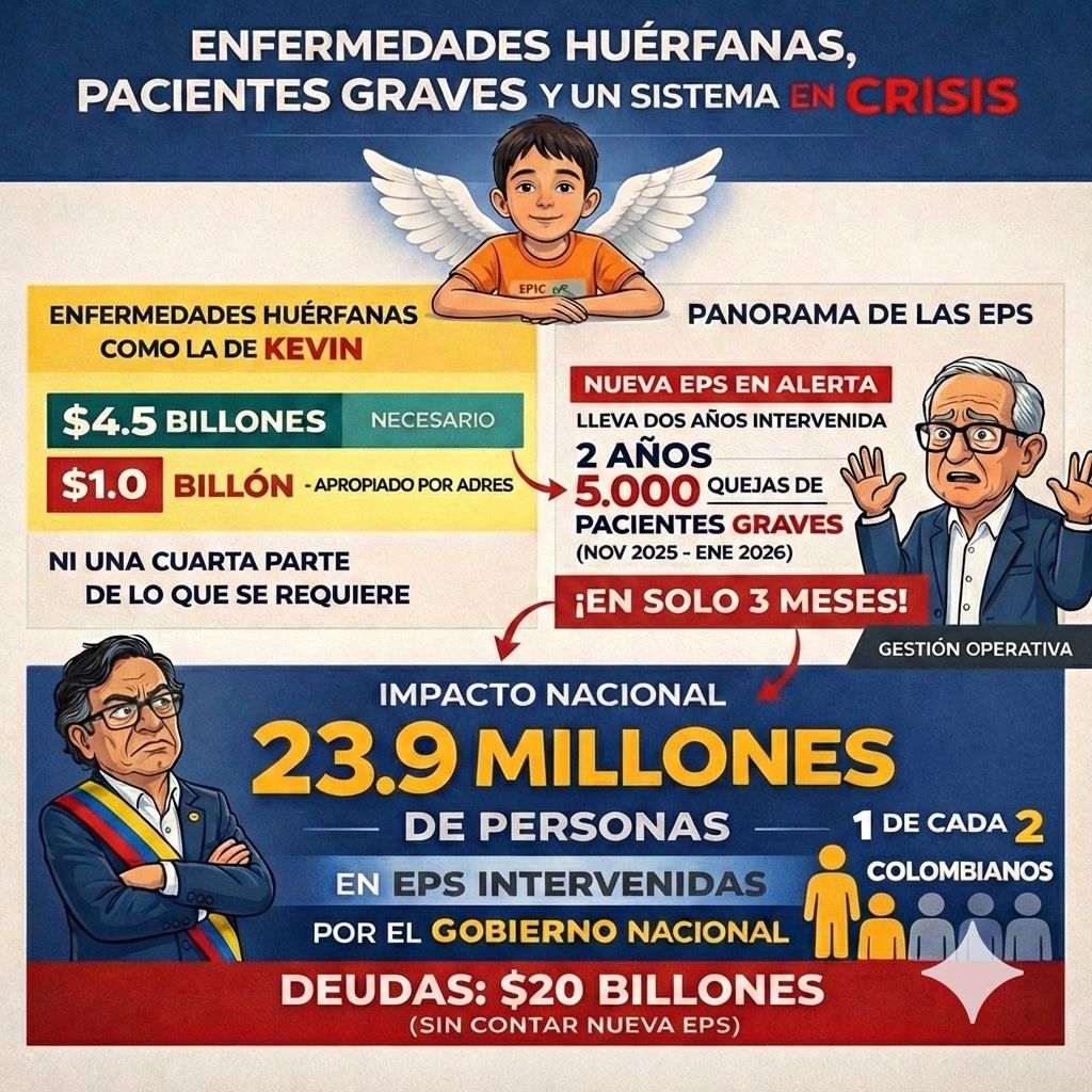 Para pacientes con enfermedades huérfanas como la de Kevin se requieren $4.5 billones. Solo apropiaron $1 billon.

Hoy 23.9 millones de colombianos están en EPS intervenidas por este Gobierno con un balance desastroso.  Pero el problema nunca es la gestión. Siempre es “el