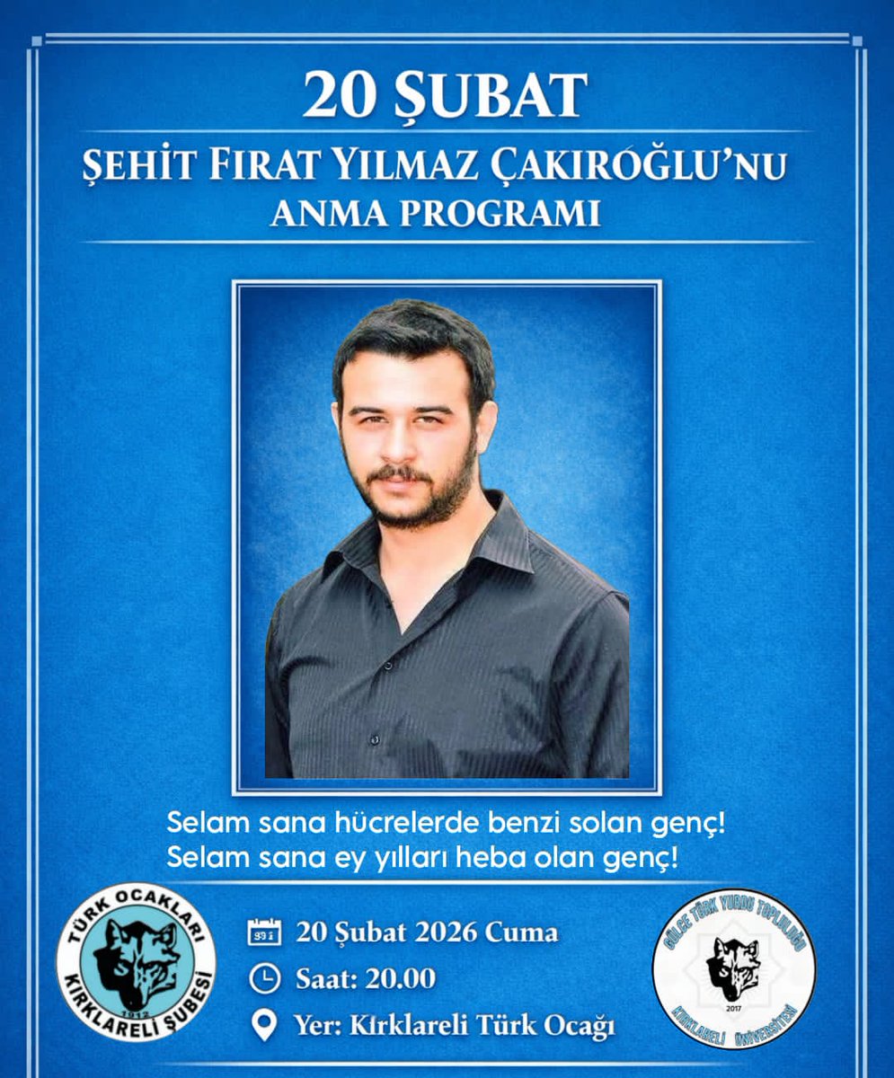 turk_ocak's tweet photo. Kırklareli Türk Ocağı ve Gülce Türk Yurdu Topluluğu olarak şehadetinin 11.sene-i devriyesinde bölücü örgüt tarafından şehit edilen Ülkücü Şehit Fırat Yılmaz Çakıroğlu'nu Anma programı düzenleyeceğiz. Programımıza bütün halkımız davetlidir.

@GulceKlu https://t.co/cF8LBs4hEi