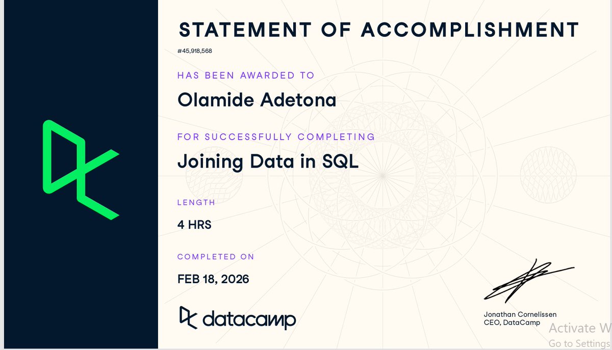 AdeOlaAyo_123's tweet photo. #Day11 Learning Data Analytics with @DataFestAfrica
I learnt and performed queries using Table Joins like Inner Joins, Outer Joins, Cross Joins, Set Theory which entails Unions, Intersect, Except Clauses and create Nested (Sub) queries. 
#30DaysOfDataChallenge
#DCA #DCDonates https://t.co/I0HaFUyigg