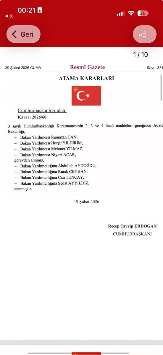 SON DAKİKA!
Mevcut Adalet Bakan Yardımcıları'nın tamamı görevden alındı.

İstanbul Cumhuriyet Başsavcı Vekilleri Burak Ceyhan ve Can Tuncay Adalet Bakan Yardımcısı oldu.

Abdullah Aydoğdu ve Sedat Ayyıldız da Adalet Bakan Yardımcısı oldu.