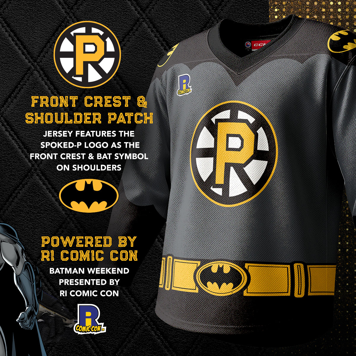 AHLBruins's tweet photo. 🦇 Ready to suit up for Batman Weekend 🦇

Check out the player jerseys for Friday &amp; Sunday's #AHLBruins Batman Weekend, featuring details and styling inspired by the Dark Knight! https://t.co/IO6bvauTv8