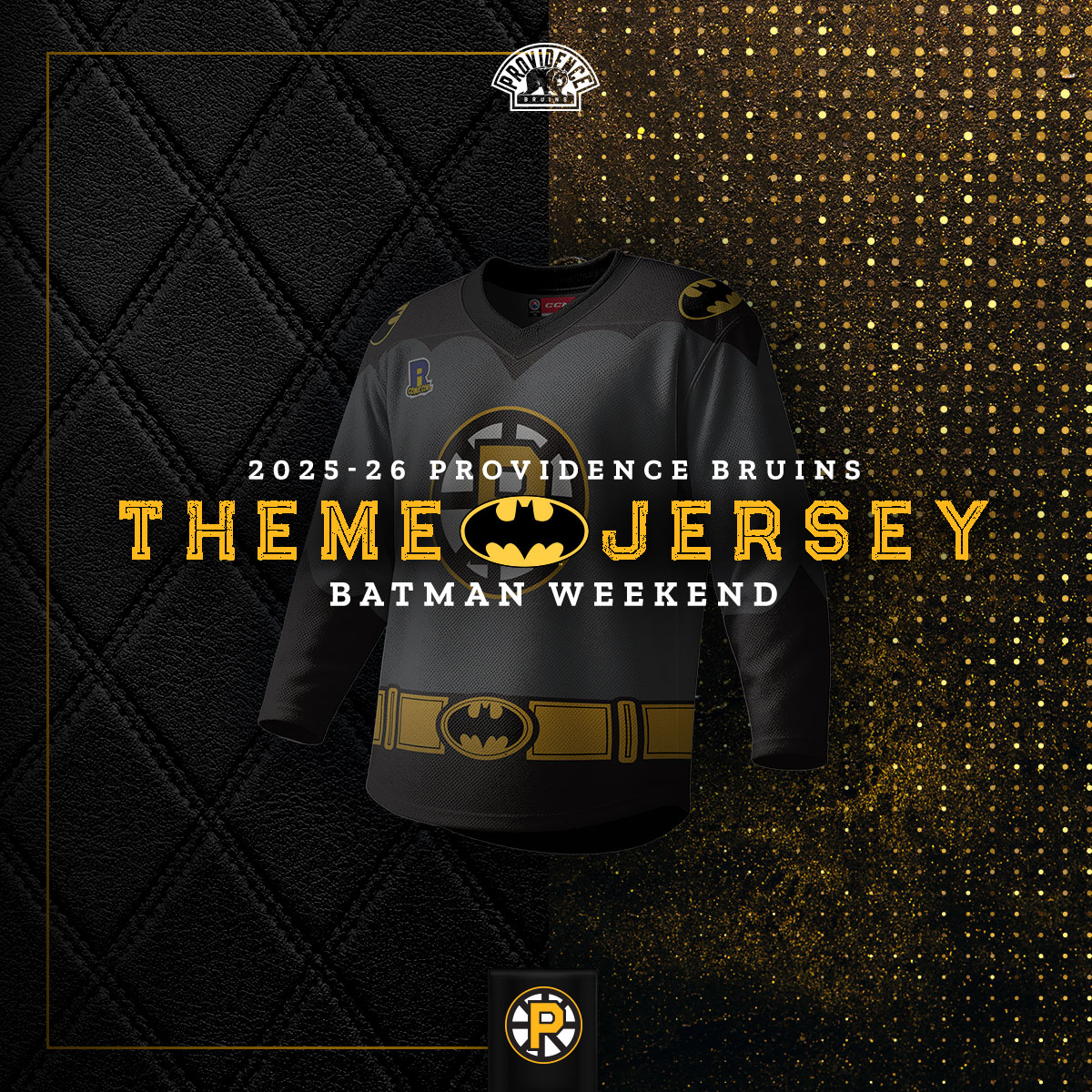 AHLBruins's tweet photo. 🦇 Ready to suit up for Batman Weekend 🦇

Check out the player jerseys for Friday &amp; Sunday's #AHLBruins Batman Weekend, featuring details and styling inspired by the Dark Knight! https://t.co/IO6bvauTv8