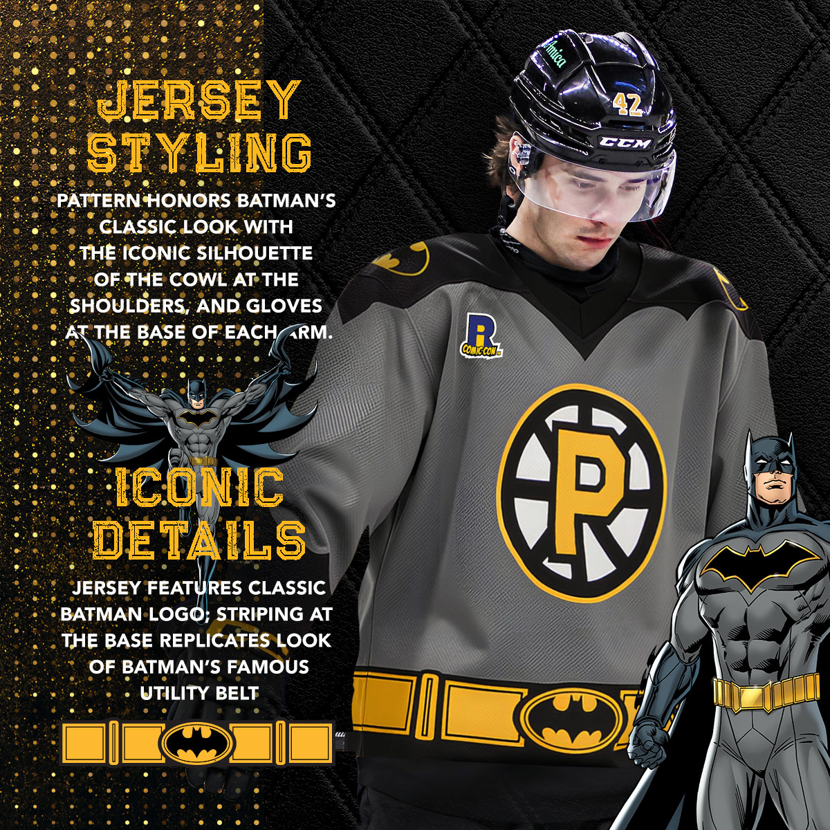 AHLBruins's tweet photo. 🦇 Ready to suit up for Batman Weekend 🦇

Check out the player jerseys for Friday &amp; Sunday's #AHLBruins Batman Weekend, featuring details and styling inspired by the Dark Knight! https://t.co/IO6bvauTv8