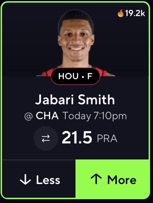 KJProps_'s tweet photo. POTD🎯🫡 2/19/25
NBA IS BACK SO ARE WE😤

-Jabari smith Jr over 21.5 PRA🔒

-He is over this line in 9 out of the last 12 at a 75 percent clip💥

-Fresh off the all star break should be seeing 30+ mins🗣️

- Free discord we hitting crazy over there 💥💥💥https://t.co/ngDVnAJGyu https://t.co/fE2fxn005x