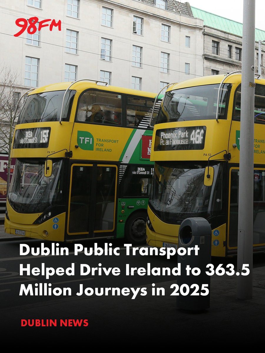 98FM's tweet photo. 🚍 Dublin’s public transport is booming! Major growth on Dublin Bus, Luas & commuter rail helped drive Ireland to 363.5 million journeys in 2025 🇮🇪📈
🔗 Read more on https://t.co/pFIW1L49Ww
#Dublin #PublicTransport #Luas #DublinBus #98FM https://t.co/Tf7J8lnnr8