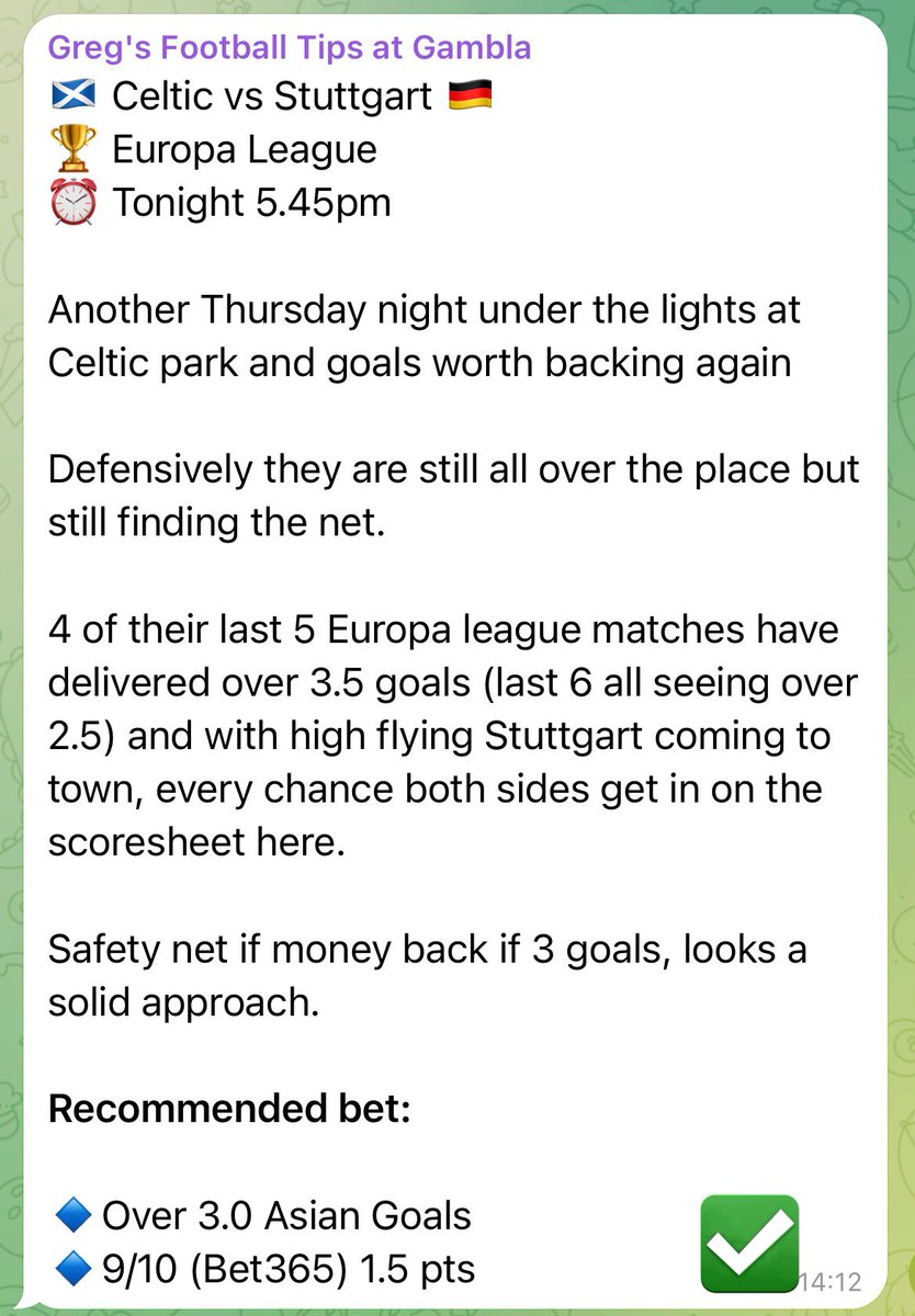 Red Star corners lands before half time ✅

Celtic v Stuttgart goals in before the hour ✅

Zero luck. Just well researched bets 🔥 📊

Been doing this a long time 🤝💷

Join us FREE in February and see it for yourself. 🔥

👉🏼 gambla.co.uk/GregsTips

#Celtic #EuropaLeague