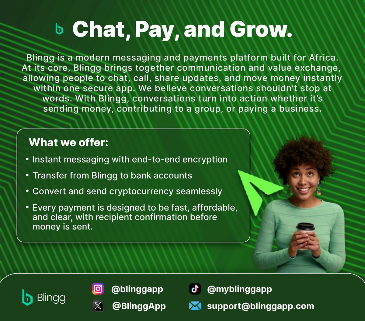 BlinggApp's tweet photo. Finally, a platform that understands how we move. 🌍 Blingg is built for the African hustle—bringing together instant messaging, bank transfers, and seamless crypto conversion in one secure space. High speed, low fees, zero stress. https://t.co/knGFBMm6Fq