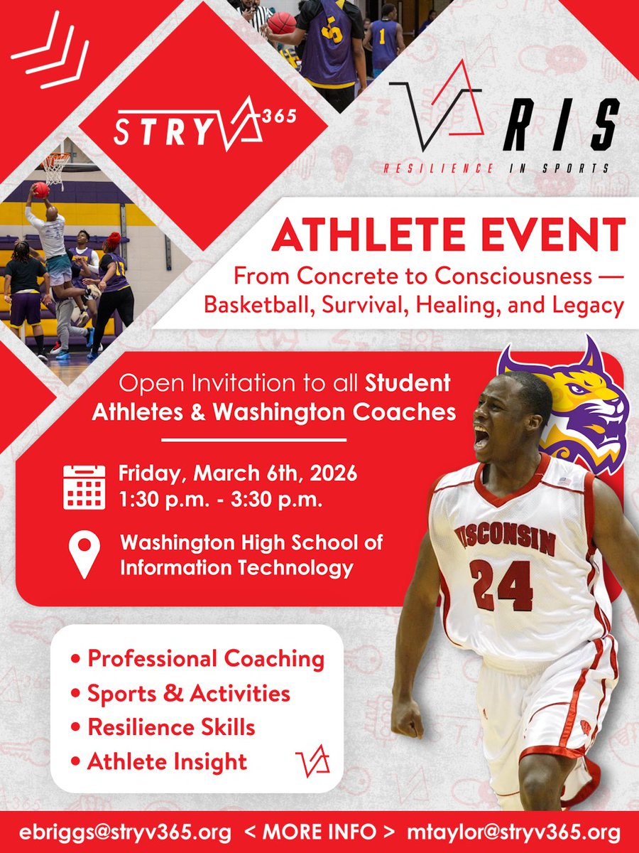 stryv365's tweet photo. 🏀🔥 Calling all Washington Student Athletes & Coaches!
Join us on March 6th, 2026 (1:30–3:30 p.m.) at Washington High School for a special Resilience in Sports⚡️ Athlete Event featuring basketball legend and author @FreddieOwens!
#STRYV365 #ResilienceInSports #WashingtonHigh https://t.co/dvTM7JCZUF