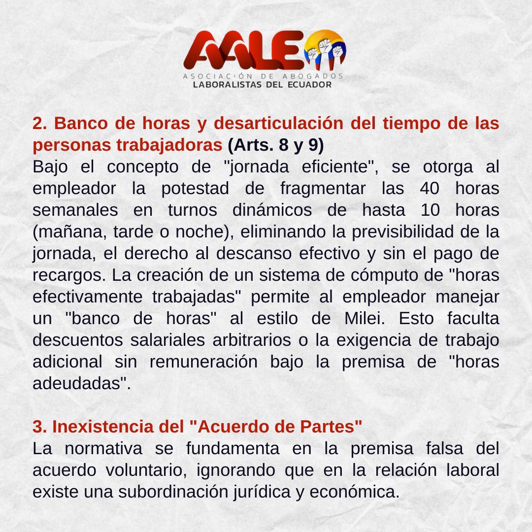ecuainm_oficial's tweet photo. ‼️#URGENTE
La Asociación de Abogados Laboralistas del Ecuador expresó su rechazo al Acuerdo Ministerial MDT-2026-046, emitido por el Ministerio del Trabajo, al considerar que vulnera principios fundamentales del Derecho Laboral. Señala que la norma eleva la jornada diaria de 8 a 12 horas, permite la compensación sin recargos y crea un “banco de horas” que deja el tiempo del trabajador a discreción del empleador. Exige la derogatoria inmediata del acuerdo y advierten que la eficiencia empresarial no puede construirse sobre la regresión de derechos laborales.