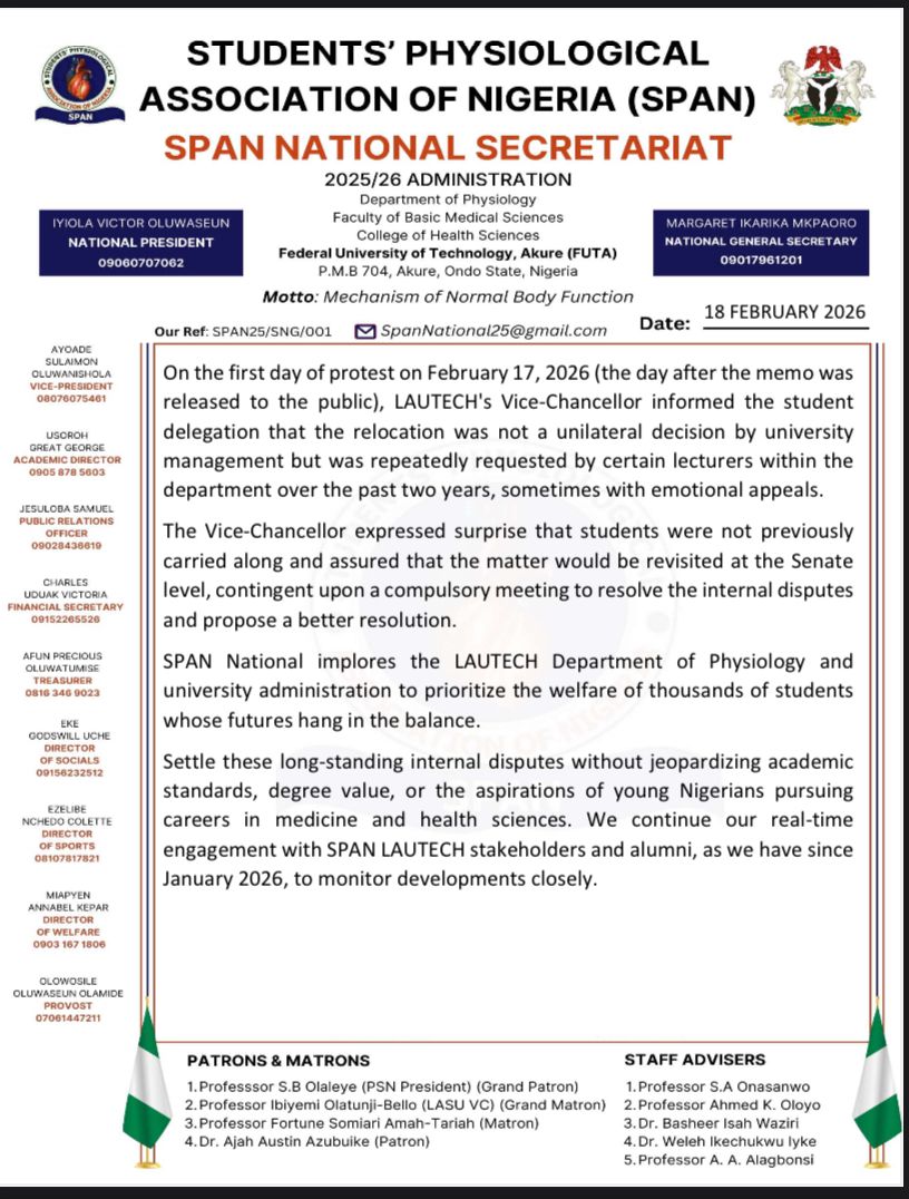 STUDENTS' PHYSIOLOGICAL ASSOCIATION OF NIGERIA tweet media