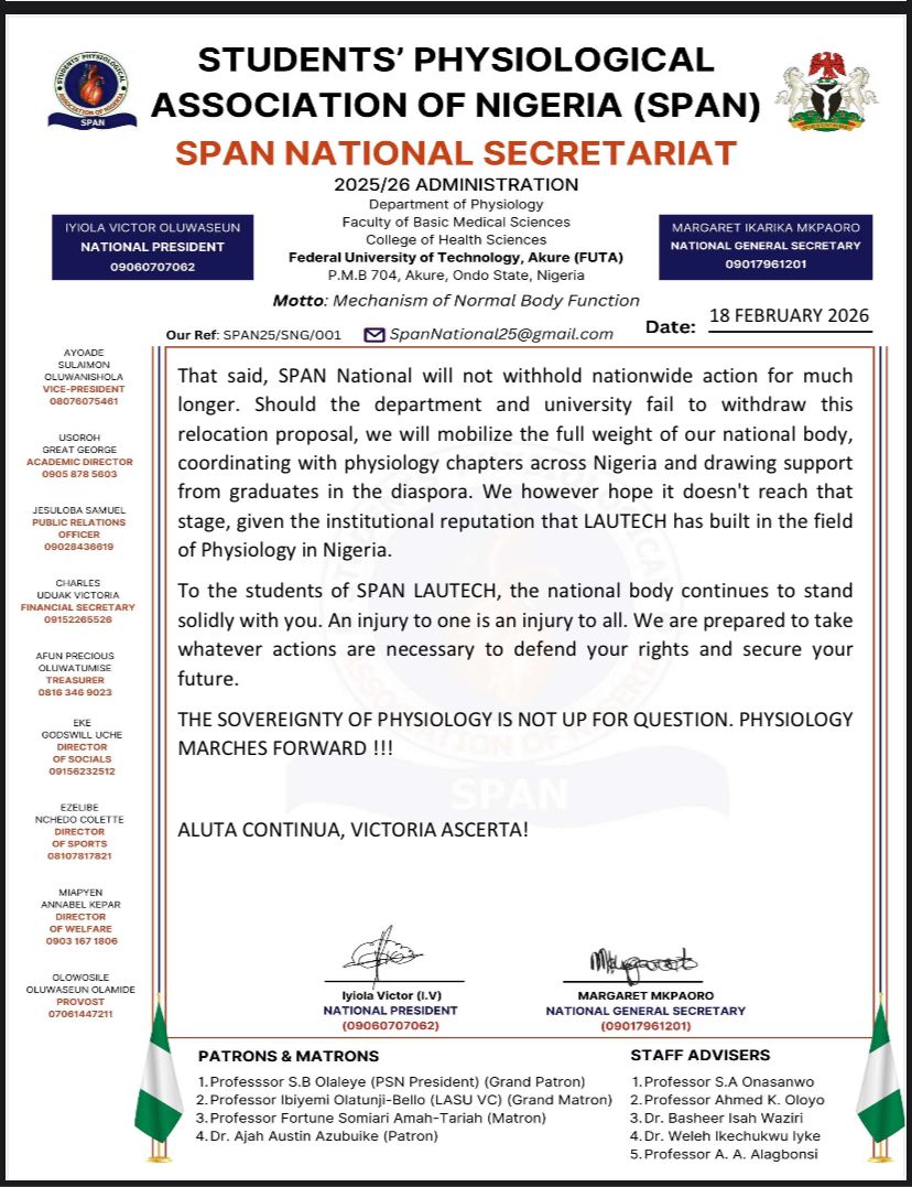 STUDENTS' PHYSIOLOGICAL ASSOCIATION OF NIGERIA tweet media