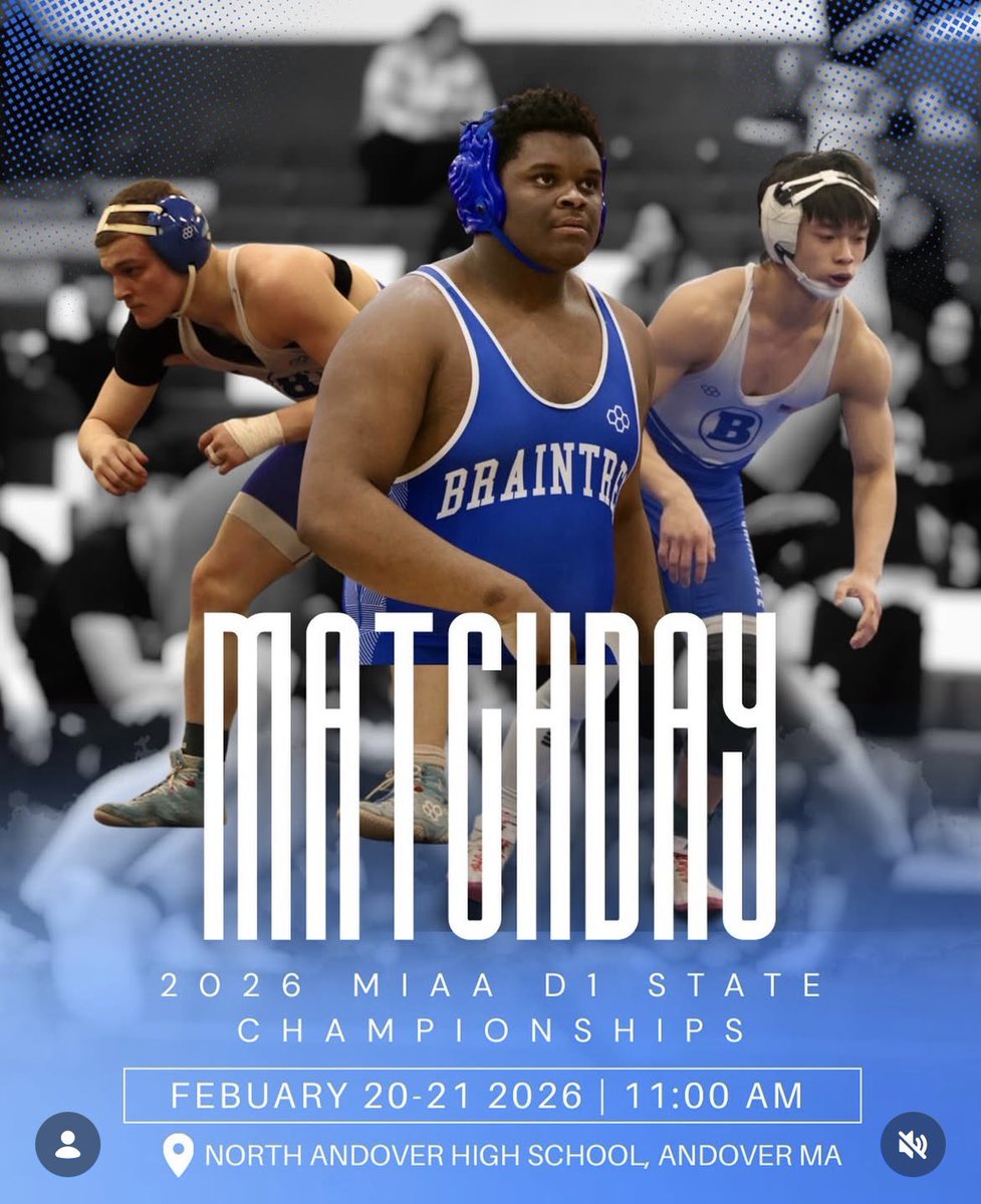🚨 Postseason Tournament 🚨
🆚 Division 1 State Championships
📍North Andover High School
⏰ 2/20 and 2/21
🤝 1100 am

Our three Senior Captains lead the charge into States beginning tomorrow. Can’t wait!
#Braintreewrestling 
#AllmyeffortAllthetime
#BleedBlue