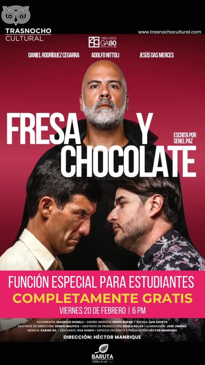 Mañana regresamos con Función Gratuita!!

FRESA Y CHOCOLATE

Y Entrada Libre para los ESTUDIANTES!!!

Un espectáculo necesario en estos tiempos de intolerancia!!

Teatro Trasnocho.
Hora: 6pm

Aquí podrás leer algunos comentarios del público!!! 👇👇👇👇

grupoactoral80.com/f/el-p%C3%BAbl…