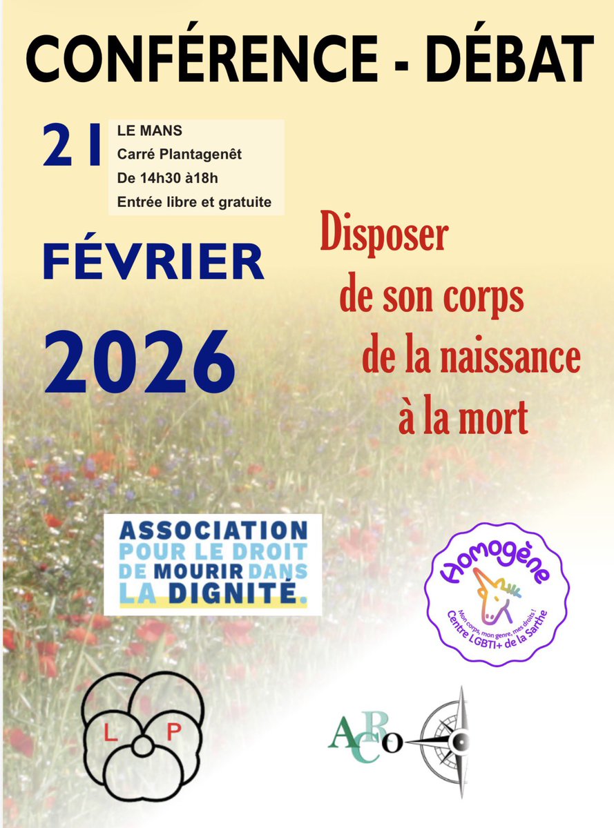 ☺️Retrouvons nous samedi au Mans 
🤝A l’occasion d’une réunion publique sur le fait de disposer librement de notre corps du début à la fin de notre vie.

➡️<a href="/ADMDFRANCE/">Mourir dans la Dignité</a> <a href="/LGBT_72/">Association Homogène</a>  

#ADMD #LeMans #LibreChoix