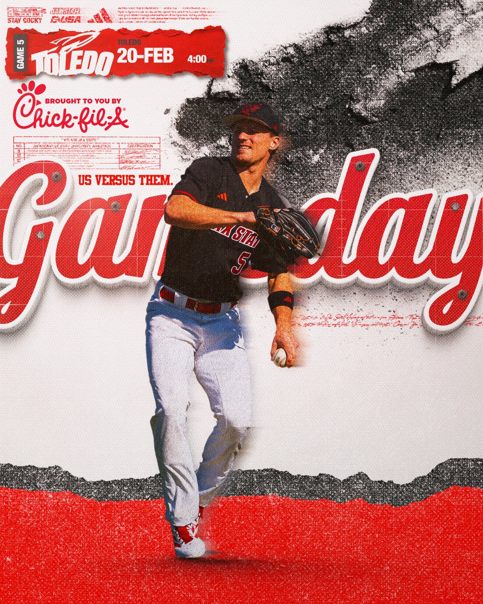 Three-game set coming up!

🆚 Toledo
🕓 4 PM
🎟️ JaxStateSports.com/Tickets
📺 espn.com/watch/player/_…
📻 jsu.edu/radio
📊 JaxStateSports.com/Stats

#StayCocky🐔 | #FearTheBeak👌