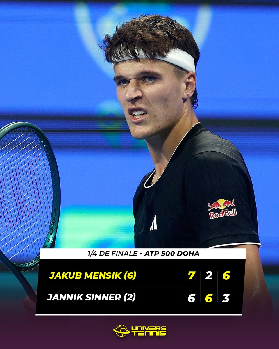 UniversTennis's tweet image. 🚨 MENSIK FAIT TOMBER SINNER 🤯

Jakub Mensik décroche la plus grande victoire de sa carrière en s’offrant le n°2 mondial Jannik Sinner pour atteindre les demi-finales à Doha. 🔥🇨🇿